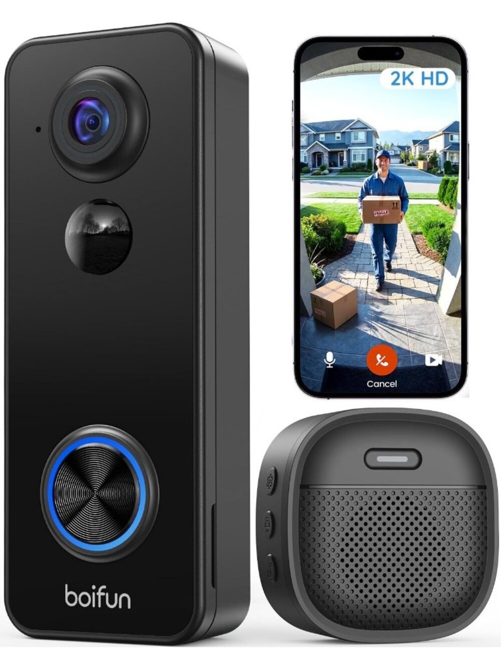 Wireless Video Doorbell Camera, 180° Wide Angle, 2K HD, No Subscription Needed